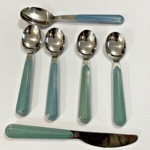 6 Pieces Vintage Blue Jazz Korea Stainless Steel Flatware Spoons Knife